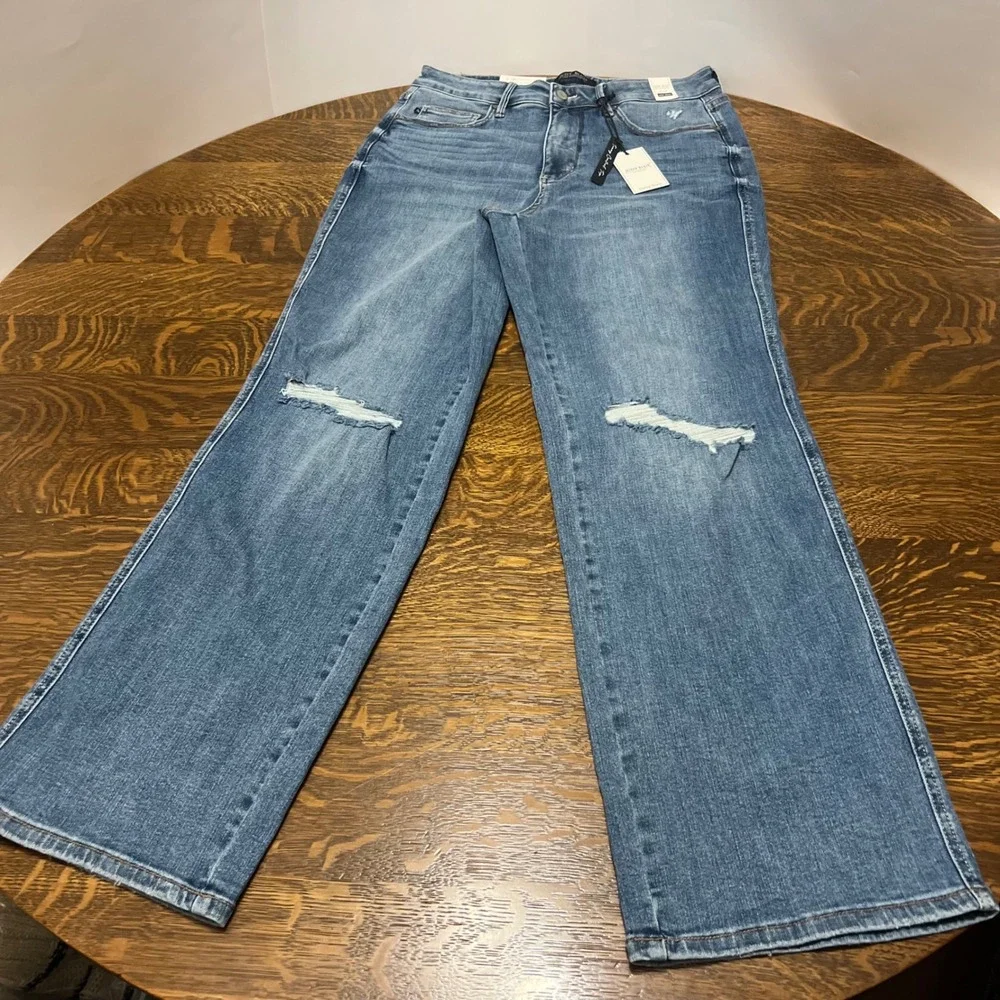 Judy Blue Straight Leg Jeans Womens 14W Med Blue Distressed Tummy Control
